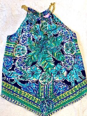 Lilly Pulitzer 100% silk Cabana Escape Tank w/Gold Chain Neck Detail Sz XS
